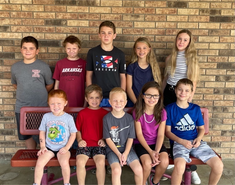 From left to right Front row- Pre-K- Hazi Woods, K- Rhett Campbell, 1st- Slate Smith, 2nd- Emmaleah Stowe, 3rd- Jake Boles, Back row- 4th- Benjamin Bowen, 5th- Cordell Hesterlee, 6th- Dacoda Denton, 7th- Raelynn Davis, 8th KorleyAnn Batchelor