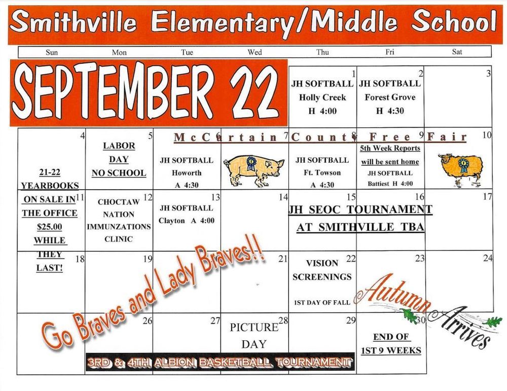September Elementary and Middle School  Calendar