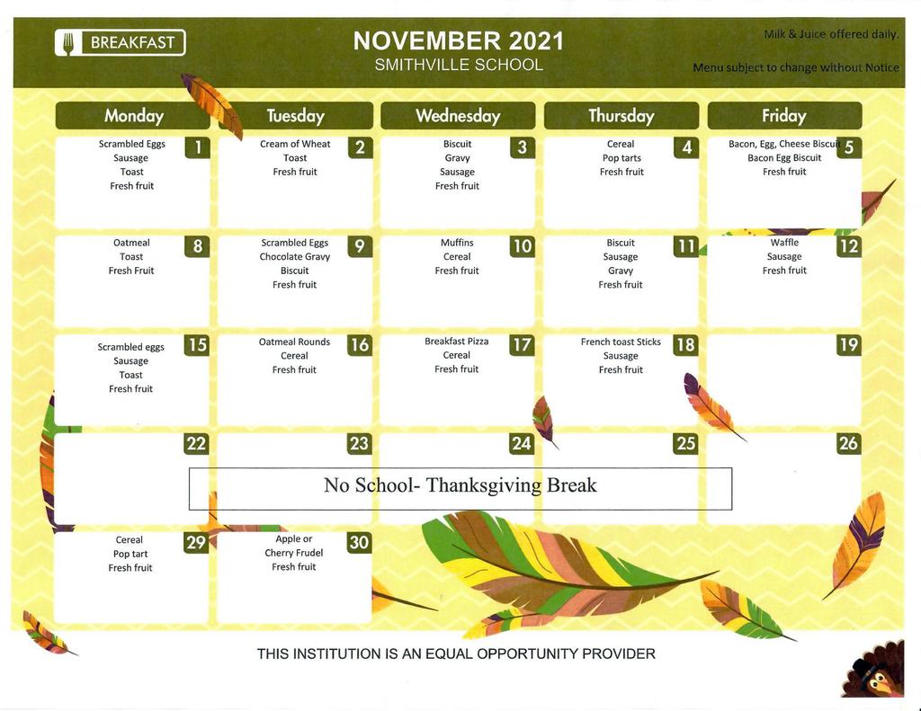 November Breakfast Calendar