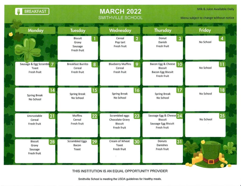 March Breakfast Calendar